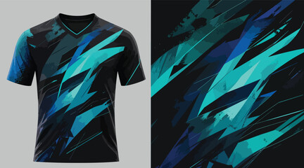 Cyan and teal layered geometric sports shirt design. © Urban
