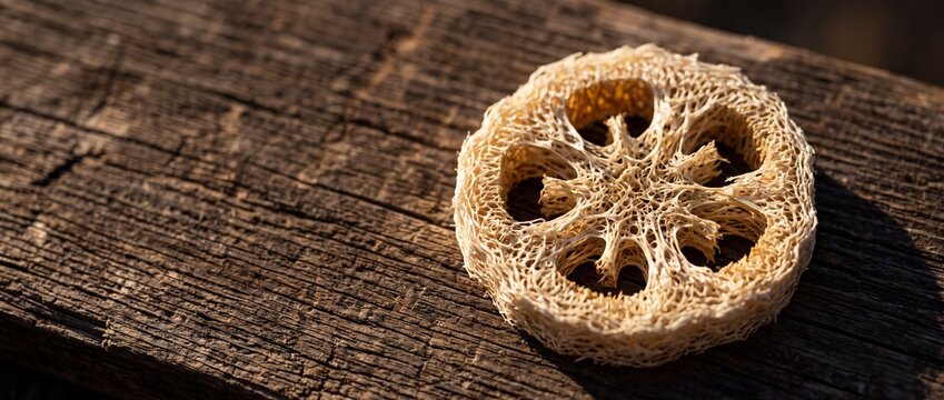 Natural Loofah Sponge Cross Section Showing Fibrous Network On Cedar Plank