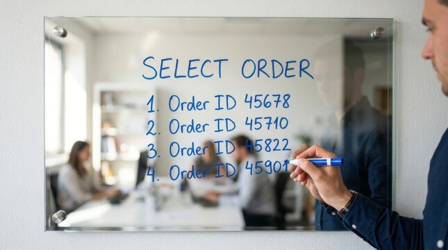 Man writing Select Order and order IDs on glass whiteboard in office team meeting blurred background