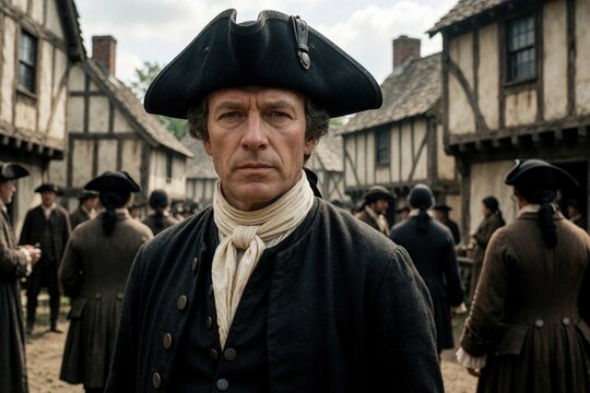Man in authentic 18th century colonial costume stands in old village street. Male actor wears period attire with tricorn hat, cravat. Historical reenactment scene shows men in vintage clothing