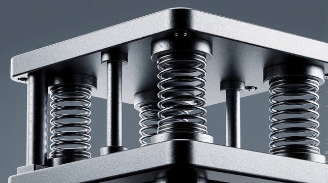 Microscopic view of nano engineered mechanical platform. Metal tension springs, support pillars hold top plate. MEMS tech component uses tiny springs for precision measurement, advanced electronic