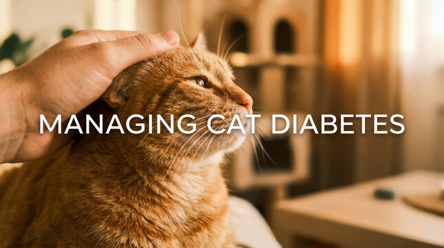 Human hand gently stroking ginger cat head to comfort pet during therapy treatment in cozy warm bright indoor environment. Banner of feline insulin dependent diabetes.