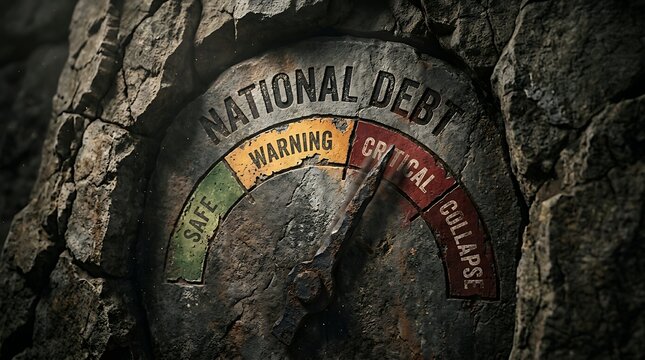 Conceptual Image of National Debt Gauge on Stone Surface Indicating Critical Level and Collapse Risk