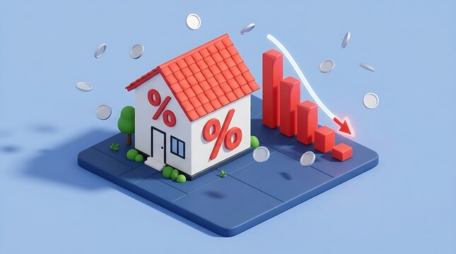 3D Isometric Illustration of a House with Percentage Symbols and Declining Bar Chart for Mortgage Rates