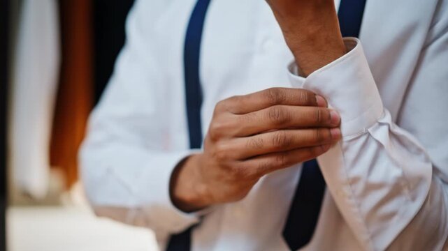 Close up hands buttoning shirt cuff. African american man dressing tie wardrobe.