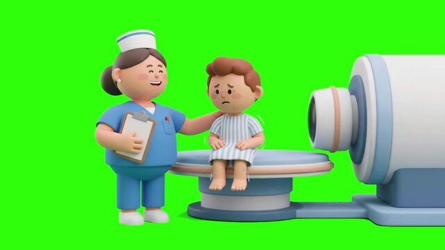 A 3D animated nurse holding a clipboard and comforting a sad child sitting near an MRI scanner on a chroma key green background. Perfect for pediatric healthcare promos, hospital diagnostic videos, ra