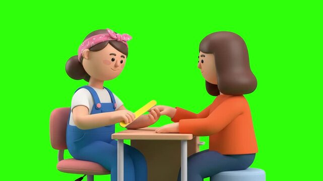 A 3D animated manicurist using a nail file to shape and polish a client nails at a table on a chroma key green background. Perfect for nail art commercials, spa promotions, beauty tutorials, and video