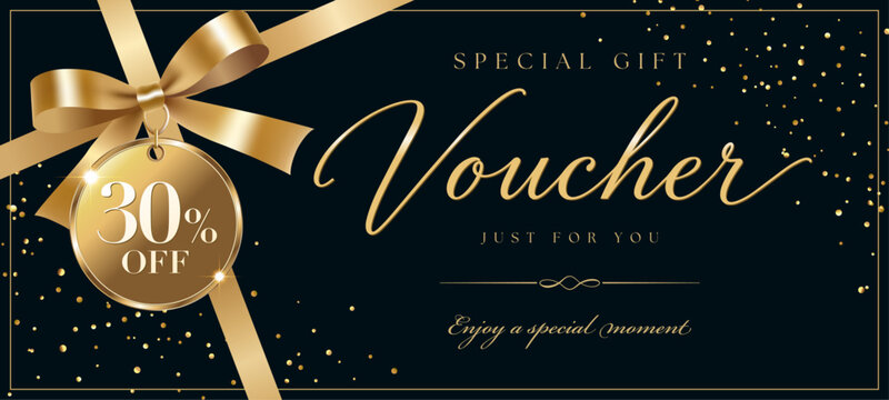 Elegant gift voucher template design with gold ribbon bow tag and 30 percent off discount coupon certificate