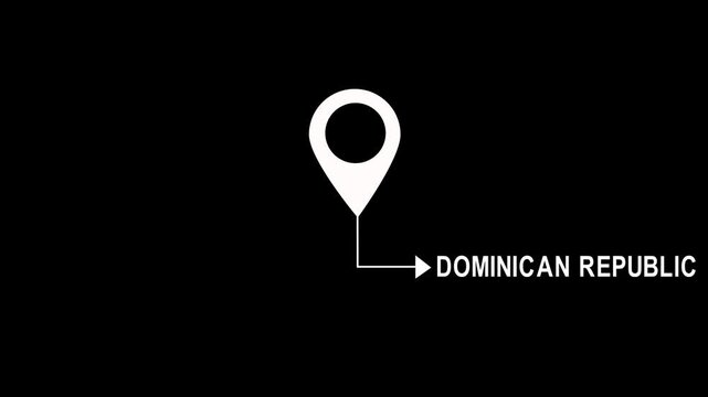 Dominican republic location pin animation on black background, map marker and, country name geolocalization
