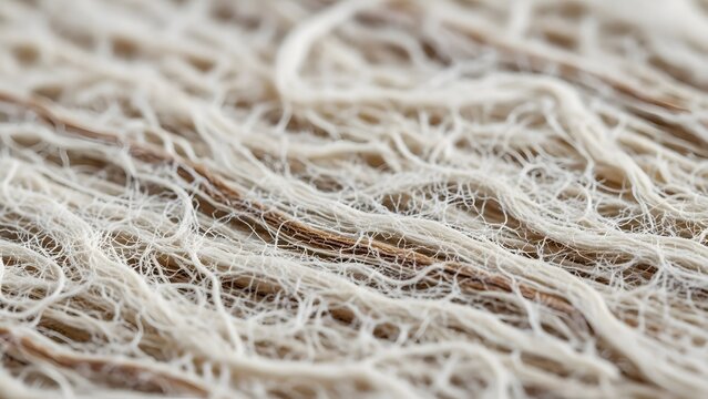 Intricate macro view of natural plant fibers revealing a detailed, interconnected web of organic material, highlighting texture and raw substance