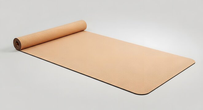 Beige yoga mat partially unrolled on a clean white background, minimalist fitness and wellness concept