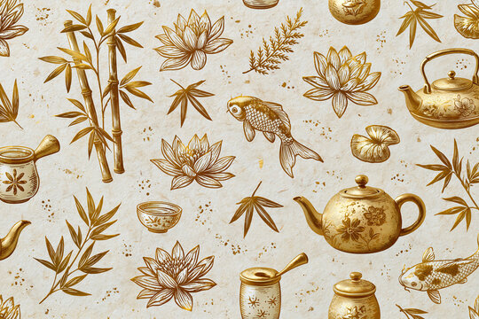 Seamless gold foil line art pattern featuring lotus flower, bamboo stalk, koi fish and teapot in elegant Asian zen motif conveying calm and refined decorative texture