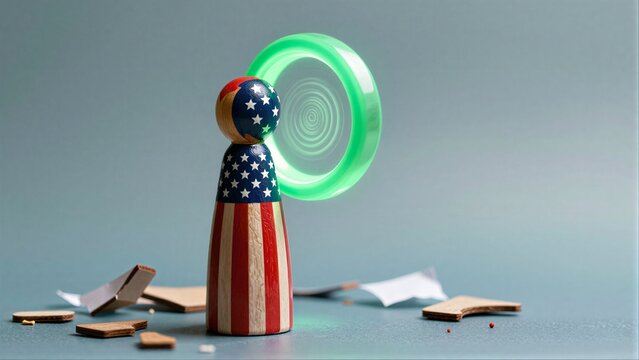 American flag pegman stands before glowing green ring, surrounded by shattered pieces.