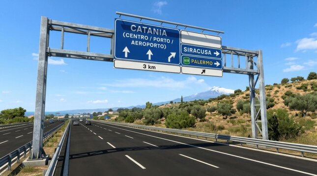 Highway sign for Catania Siracusa Palermo with Mount Etna volcano in background Sicily Italy