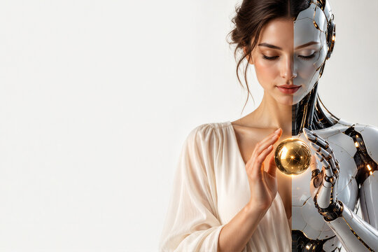 Human and AI Cyborg Woman Holding Golden Sphere with Copy Space