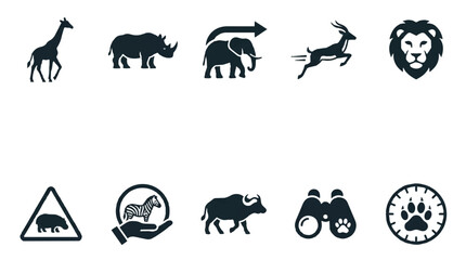Obraz premium African safari wildlife icons set featuring wild animals conservation and exploration symbols. EPS Editable