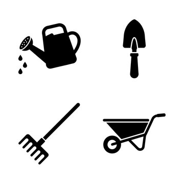 Gardening tools icon set, watering can, shovel, rake, wheelbarrow vector icons isolated on transparent background