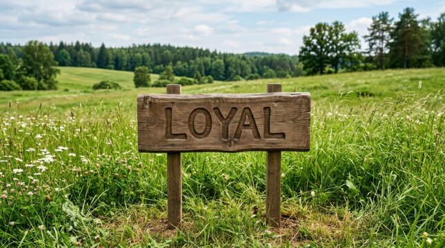Rustic wooden sign with the word LOYAL carved standing in a vibrant green meadow with wildflowers and distant rolling hills