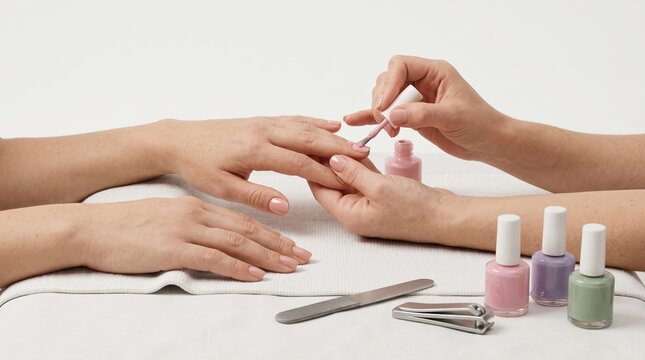 A person getting a manicure with a bottle of nail polish, nail file, and nail clippers on the table