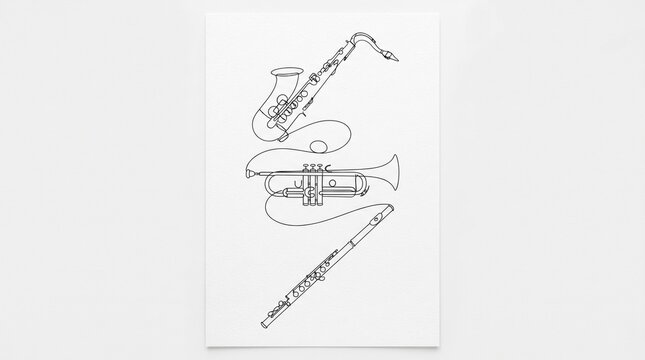 Musical instruments illustrated as line art. Saxophone, trumpet and flute.