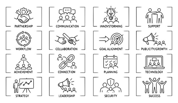 Grid of minimalist vector line icons illustrating business set with simple line art design featuring simple design, minimalist, black and white with illustrations and graphics