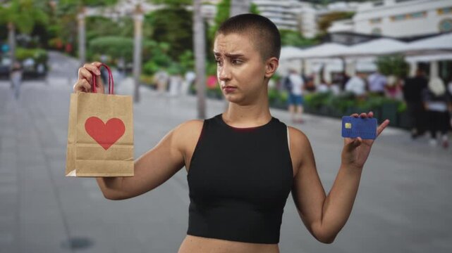 Woman with short hair holds paper bag with red heart in left hand and displays creditcard in right hand on street; doubt consumer choice.