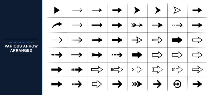 Collection of various black arrow symbols arranged in a set with simple line art design featuring simple design, minimalist, black and white with illustrations and graphics