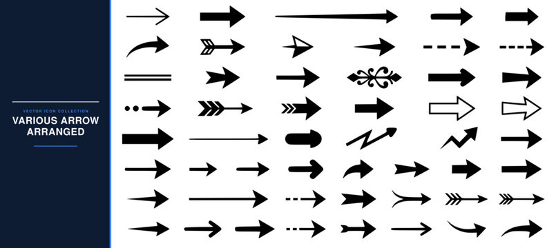 Collection of various black arrow symbols arranged in a set with simple line art design featuring sketches, drawings, vector graphics with minimalist and simple illustrations
