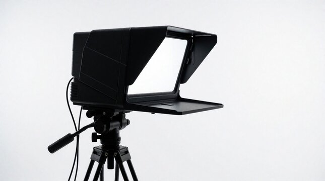 Professional teleprompter device on tripod stand with blank glass screen. Black broadcast equipment for news presenter speaker to read script. Modern video production gear isolated on white