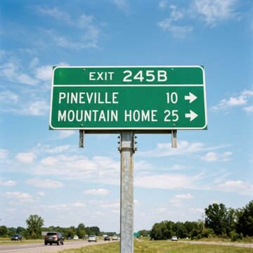 Highway exit sign for Pineville and Mountain Home with distance markers under a bright blue sky with clouds