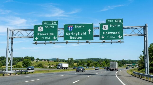 Highway exit signs for I 95 North to Springfield and Boston plus I 5 North to Oakwood