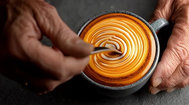 Senior hands gently stirring latte art in a ceramic cup, showcasing intricate foam patterns and warm lighting perfect for coffee lovers and cozy moments