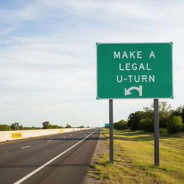 Green Road Sign For Legal U Turn On Highway With Blue Sky And Clouds