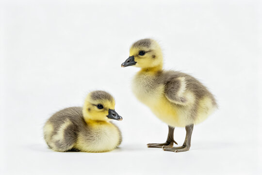 Two young goslings, one standing and one sitting, isolated on a plain white background.