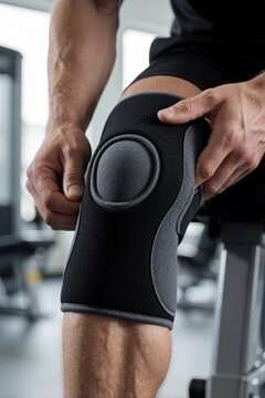 Man adjusts black compression knee brace on leg in gym. Athlete uses medical support for injury recovery joint pain relief. Close up of person wearing padded orthopedic sleeve during physical therapy