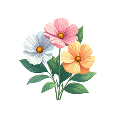 Obraz premium A delicate bouquet of three colorful flowers, white, pink, and orange, with green leaves. Each flower features soft petals radiating from a yellow center, creating a gentle and cheerful arrangement.