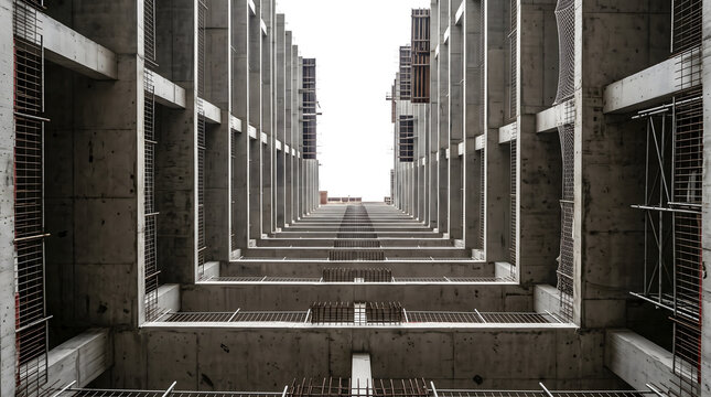 Un immeuble chantier en construction avec une vue en contre-plong&eacute;e sur la structure en b&eacute;ton arm&eacute;
