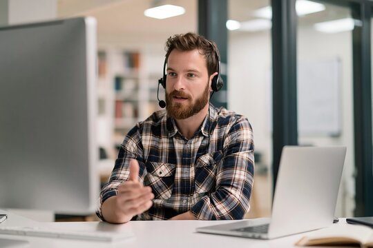 Man professional worker using a headset and computer for business communication in an office