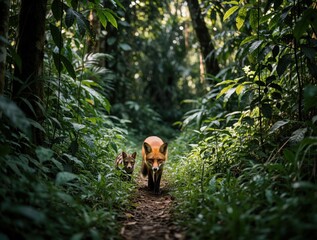 Fototapeta premium Red fox walks through dense green jungle path. Wild animal moves slowly in tropical forest. Small fox cub follows parent near rich vegetation. Exotic wildlife scene in natural habitat during summer