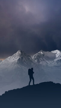 Silhouette of a hiker with a backpack standing on a ridge overlooking majestic snow-covered mountains under a dramatic, cloudy twilight sky. Quotes background