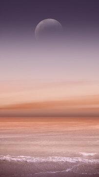 Surreal landscape with a glowing crescent moon over a calm ocean and soft pinkish orange sky. Nature, natural, or quotes background