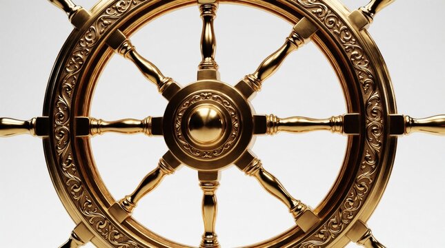 Golden nautical ship wheel with intricate ornaments on white background. Elegant maritime helm symbol for sea travel, ocean navigation. Luxury brass steering wheel decor shows vintage craftsmanship,