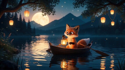 Fototapeta premium Cute red fox sits in small wooden boat on calm lake at night. Animal holds glowing lantern near water. Large full moon rises over dark mountains, forest. Magical atmosphere with hanging lanterns