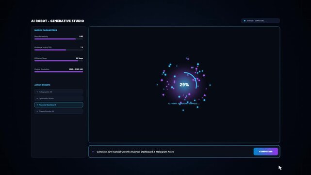 Artificial Intelligence AI Prompt and Generation UI Animation, User Typing Text Prompt and Generating Financial Chart Report, Neon Particle Loading Process, AI Data Visualization and Generative Techno