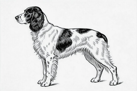 A monochrome line illustration of a standing spaniel dog, shown in left profile against a plain white background.