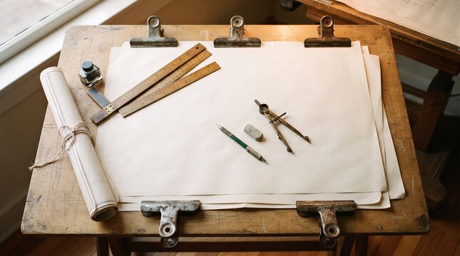 Vintage bulldog clips securing architectural papers on a drafting table with brass tools and wooden ruler, inspired by classic 1950s design studios