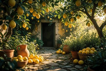 Naklejka premium Fresh yellow lemons grow on branches in organic citrus garden at sunset. Ripe fruit hangs from lemon tree near stone house entrance. Terracotta pots, wooden crates with harvest sit on cobblestone