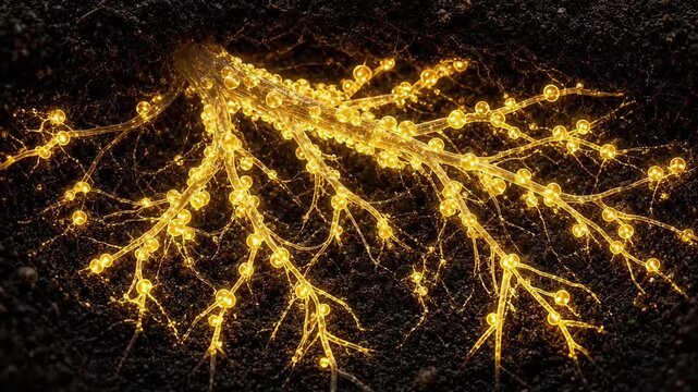 Bioluminescent Golden Bacterial Nodules on Plant Roots in Dark Soil, Sustainable Agriculture Concept