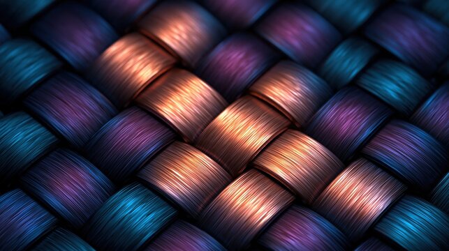 Macro view of interwoven glossy threads in warm copper, deep purple and bright blue forming textured three-dimensional woven pattern with soft glowing light on curved surfaces