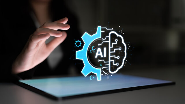 Concept of Artificial Intelligence combining industrial automation with cognitive technology. A machine learning brain processes information to optimize mechanical systems and workflows. Fermion